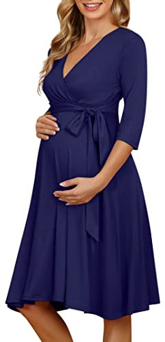 KOJOOIN Damen Umstandskleid Schwangerschafts Kleid für Schwangere Stillkleid V-Ausschnitt Langarm mit Taillengürtel(Verpackung MEHRWEG) Blau L