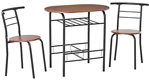 HOMCOM 3-Piece Dining Table Set, Metal Frame Wood Top Breakfast Bar Table Set for 2, Dining Table w/Storage Shelf & 2 chairs