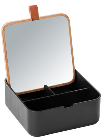 WENKO Organizer mit Deckel Bovisa Schwarz - Kosmetik Organizer mit 3 Fächern und Spiegel, Spiegelfläche: 13 x 13 cm 100 % Vergrößerung, Kunststoff, 14 x 5.5 x 14 cm, Schwarz