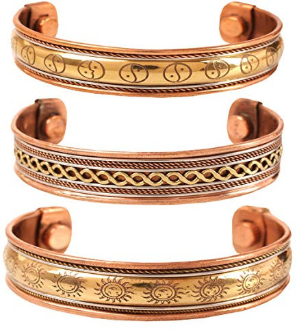 Touchstone Copper Magnetarmband im tibetischen Stil. Handgeschmiedet aus massivem und hochfestem reinem Kupfer. Satz von 3 verschiedenen Designs in 3 Metallen.