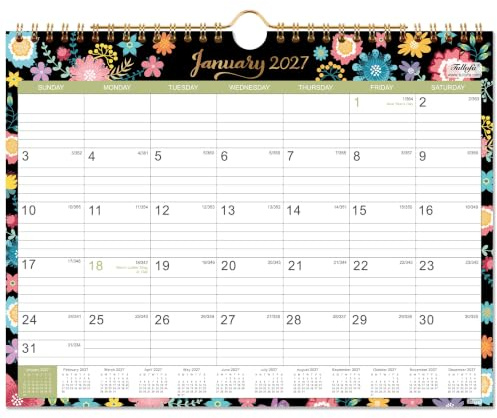 Kalender 2021-2022 – 18 Monate Wandkalender mit dickem Papier, 27,9 x 21,6 cm, Juli 2021 Dezember 2022, Doppeldrahtbindung + Haken zum Aufhängen linierte Blöcke Julianischen Daten, schwarz geblümt