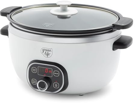 GreenLife 6 Quart Ceramic Slow Cooker, PFAS-Free, Programmable, Removable Healthy Nonstick Pot for large families, Sear on Stovetop, Keep Warm, Digital Timer, Dishwasher Safe Glass Lid & Crock, White