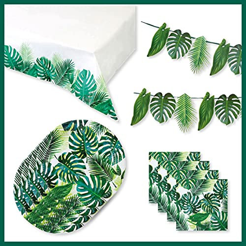 Talking Tables Tropical Party Tableware Set Hawaiian Decorations 16 Guests Green Garland, Palm Tablecloth, Plates and Napkins Perfect for Kids Birthday Theme, Summer Luau, Verde