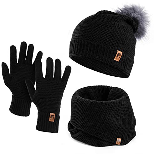 HEYO Damen Wintermütze Schlauchschal Handschuhe Set Winter Gestrickte Warme Mütze mit Schal und Winterhandschuhen | HZ0003 (Schwarz)