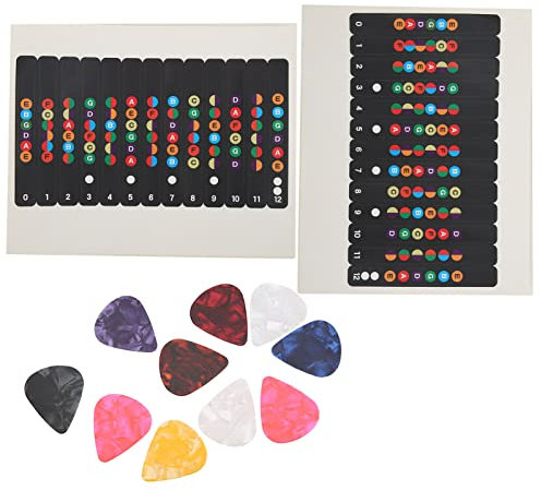 2 Stück Gitarren Noten Aufkleber Gitarrengriffbrett Aufkleber Farbige Noten Gitarrenhals Sticker Griffbrettbünde Aufkleber mit 10 Stück Gitarren Plektren für Anfänger Lernübungen