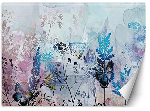 Feeby Fototapete Moderne Wanddeko Wandbilder Wiese Abstraktion Natur 350x245 cm Blau Wandtapete Design Kinderzimmer Küche Büro Flur Wohnzimmer Schmetterlinge Pflanzen