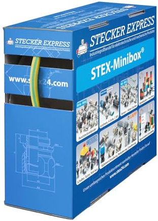 136397 Stex24 Schrumpfschlauch 2:1, Minibox mit 9,6m, grün/gelb 6,4/3,2mm, 1/4 Zoll, WSB2 Schrumpftemperatur mind. 110°C, vollständig bei mind. 120°C - 1 Stück