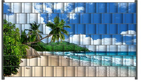 Wallario Zaun Sichtschutz Windschutz für EIN- und Doppelstabmattenzäune in der Größe Breite 2,50m x Höhe 1,40m, Motiv: Urlaub auf den Seychellen unter Palmen am Sandstrand