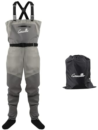 GREENWATER Fly Fishing Breathable Waders for Men Women with Stockingfoot Waterproof Lightweight 4-ply Nylon Upper Chest Waders with Big Handwarmer & Zippered Storage (Small, Gray)