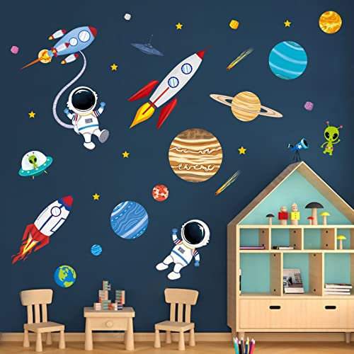 decalmile Wandtattoo Weltraum Jungen Wandaufkleber Raketen Planeten Astronaut Wandsticker Babyzimmer Kinderzimmer Schlafzimmer Wanddeko