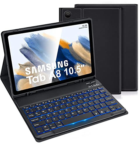 LAMA Backlit Samsung Galaxy Tab A8 Case with Keyboard & Built-in S Pen Holder for Samsung Tab A8 10.5in 2021 (SM-X200/X205/X207) UK Layout, Slim Smart Galaxy Tab A8 Tablet Cover&Detachable Keyboard