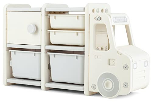 GYMAX Kids Storage Unit, Toddler Toy Organizer with Large Bins, Pull-Out Drawers & Enclosed Cabinets, Children Storage Shelf for Playroom Bedroom (Beige+Grey, Car Shape: 112 x 35 x 66 cm)