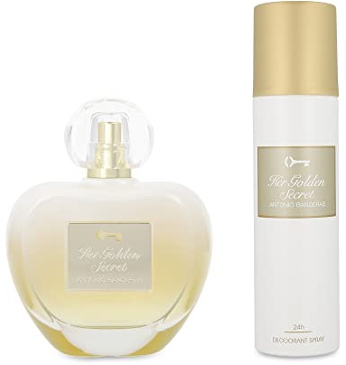 Banderas Perfumes - Her golden secret Gift Set for Woman EDT 80 ml + Deodorant 150 ml - Long Lasting - Femenine, Charming and Romantic fragrance - Fruity, Floral and Vanilla Notes