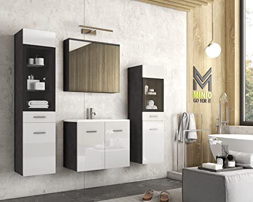 MINIO go for it - Badezimmermöbel Set Marit 2, ohne LED-Belechtung, Wandspiegelschrank, Schrank mit Waschbecken, Farbe: Graphit Matera/Weiß Hochglanz