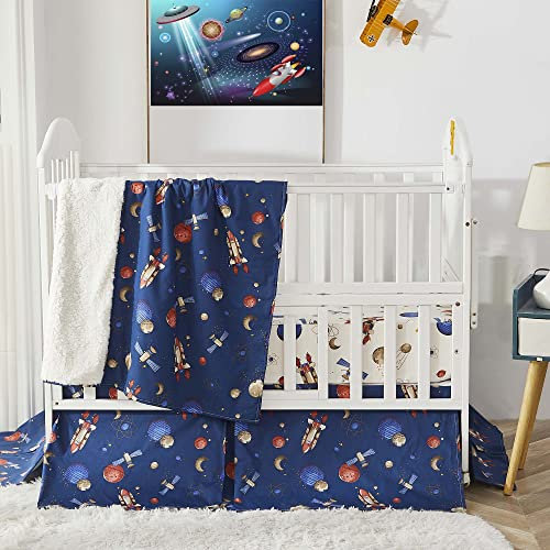 Brandream Weltraum-Bettwäsche-Set für Kinderbett, kosmische Rakete, Milchstraße, Raumschiff, Galaxie, Abenteuer, 3-teilig, 100% Baumwolle, Blau Weiß