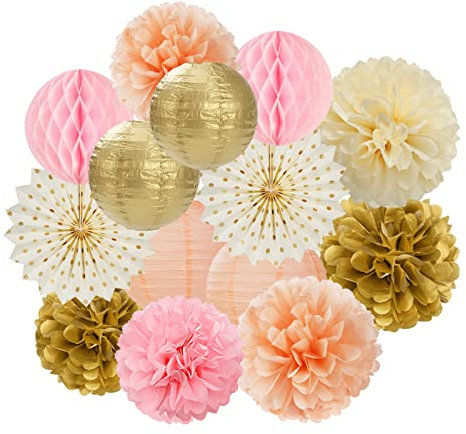 Pink Peach Gold Party Decorations - 14pcs Bridal Baby Shower Girls Birthday Paper Lanterns Fan,Tissue Pom Poms Streamers,Honeycomb Balls,Engagement Wedding Bachelorette Brunch Decor Lasting Surprise