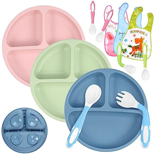 twocolor 3 Satz Baby Teller, Trennwand-Design Teller mit Saugnapf mit Utensilien und Lätzchen, BPA-frei, mikrowellen- und spülmaschinenfest für einfaches Entwöhnen und Füttern für Baby Kleinkind