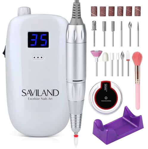Saviland Portable Electric Nail Drill - 35000 RPM Electric Nail File for Acrylic Nails Professional with Ceramic Corn Head Nail Drill Bits for Nails Manicure Tools and Pedicure Kit Salon Use