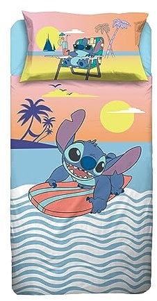 Stitch, Lenzuolo Letto Singolo, Completo Letto Singolo Disney, Lenzuolo Sopra, Lenzuolo Con Angoli, Federa, Blu, Disney, 100% Cotone, Prodotto Ufficiale