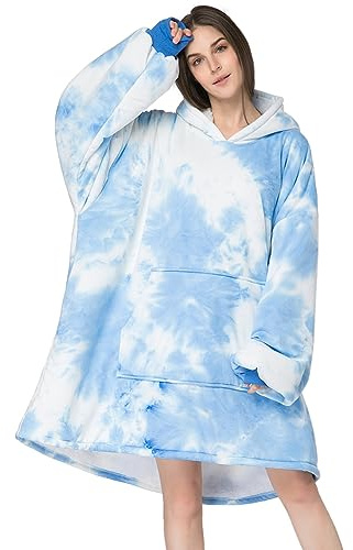 Michorinee Übergroße Hoodie Decke Sherpa Pullover Decke mit Kapuze Warme Fleece Tragbare Decke Blanket Hoodie Kuscheldecke mit Ärmeln als Geschenke für Frauen Herren | Tie Dye Hellblau