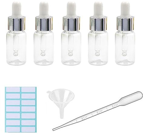 5Pcs Transparent Dropper Bottle 10ML Plastic Eye Dropper Bottles for Essential Oil Pipette Refillable - with Measured Pipette, Funnel and Labels (Black + Silver Cap)