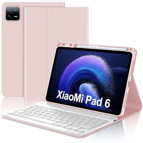 JADEMALL Coque Clavier pour Xiaomi Pad 6/6 Pro 11 Pouces 2023, AZERTY Clavier Bluetooth Magnétique Détachable pour Tablette Xiaomi Pad 6/6 Pro, Rose
