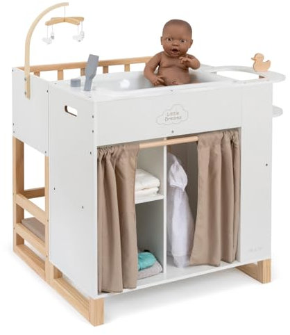 Ella & Piet® Großes Puppenpflegecenter Nursery 6in1 aus Holz (Weiß-Schlamm) Puppenbett Puppenschrank, Badewanne, Hochstuhl