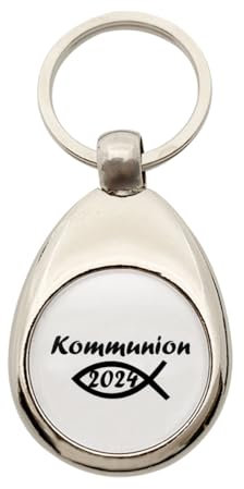 Huuraa Schlüsselanhänger Kommunion 2024 Fisch Anhänger Größe Metall mit Motiv zur Erstkommunion Geschenk Idee für Freunde und Familie