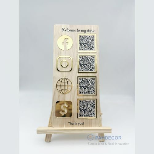 Pahdecor Personalisierbares Multi-Scial-Media-Schild, QR-Code-Schilder für personalisiertes Geschäft, Holzscan, um Zahlungen zu bezahlen, Instagram, Facebook, Venmo, Cashapp, Zelle, Logo, Ständer,