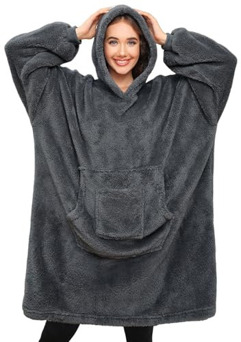 Tuopuda Felpa Donna Oversize Con Cappuccio Sweatshirt Maglione Pigiama Coperta Manica Lunga in Pile Regalo Natale Felpone Felpata Calda Taglia Unica, Grigio-Grandi