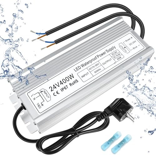 inShareplus LED Trafo 24V 16,6A 400W IP67 Wasserdichter Outdoor-Treiber, AC 170-265V zu DC 24 Volt Niederspannungs-Transformator, 24V Netzteil für LED-Licht, Computerprojekt, Außeneinsatz