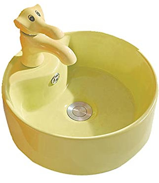 sjdoPulse Lavabo De Salle De Bain en Céramique Rond Mignon avec Robinet en Forme d'animal Ensemble De Lavabo Lavabo De Salle De Bain en Céramique Petit Lavabo, Jaune
