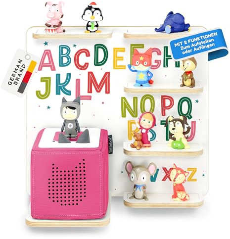 stadtecken Holzregal für Musikbox – Passend für Toniebox & ca. 30 Tonies | Perfekte Aufbewahrung fürs Kinderzimmer | Zum Aufhängen | Erweiterbar (Alphabet)