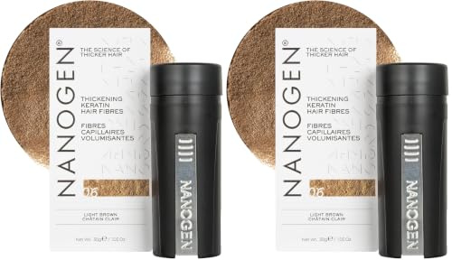 Nanogen Instant Thickening Hair Fibres Light Brown 30g- Natural Keratin fibers cover thinning hair and hair loss, extensions, alopecia, thicker, fuller hair instantly. (Pack of 2)