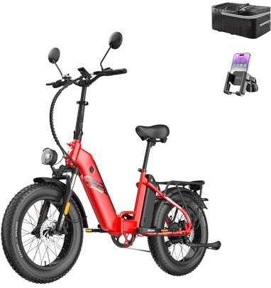 Fafrees FF20 Polar Fatbike E-Bike für Herren & Damen | 20 Zoll Klapprad | 48V 12Ah*2 Akku | 65N.m Motor, 150kg Tragfähigkeit | 170KM Reichweite (Hecktasche + Handyhalterung, Rot)