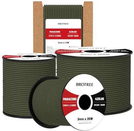 Brotree Paracord 3mm 15M 100% Nylon Seil Schnur Typ II Paracord 425 mit 3 Kern für Survival, Outdoor, Armband, Basteln - Bruchlast 192kg (Armee Grün)