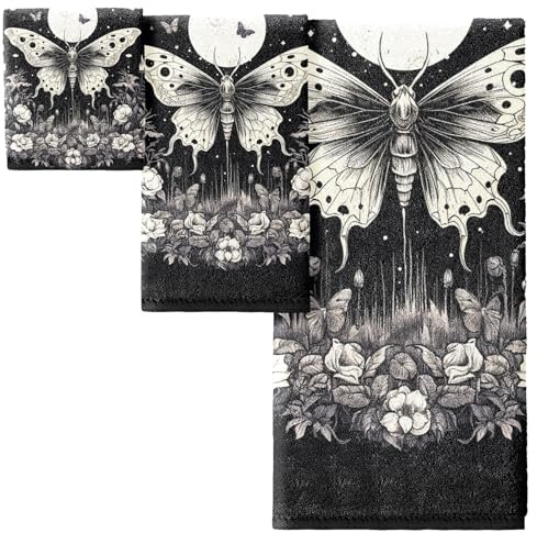 Totenkopf Schmetterling Gothic Badetuch Set mit 3 Halloween Badetuch Handtuch und Waschlappen für Hotel Spa Badezimmer