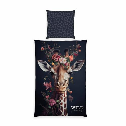 Herding Wild Flowers Bettwäsche-Set Giraffe, 80 x 80 cm + 135 x 200 cm, mit Reißverschluss, 100% Baumwolle/Renforcé, Mehrfarbig