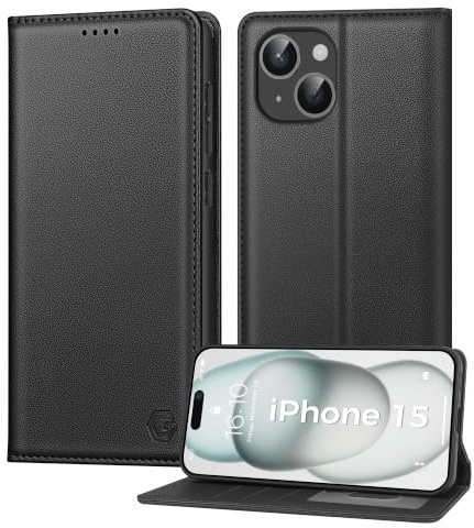 Kirnntca Handyhülle für iPhone 15 Hülle, Kartenfach Premium PU Leder Klapphülle Schutzhülle, Standfunktion Tasche Flip Case für iPhone 15 - Schwarz