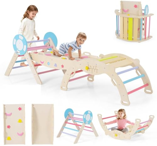 GOPLUS 7-in-1 Buntes Montessori Kletterdreieck, Kletterset für Kleinkinder mit nautischem Thema, Rampe, Bogen & faltbares Dreieck, Indoor Holz Baby Dreieck Kletterspielplatz, Klettergerüst für Kinder
