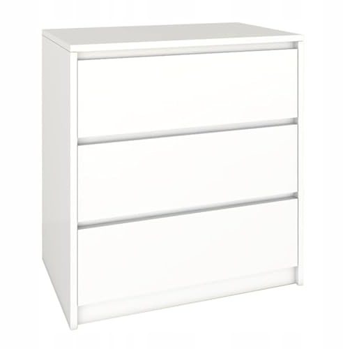 Kommode mit 3 Schubkästen, Weiß, 70x75,2x43 cm, Grifflose Fronten, Kugelführungen, Laminatplatte, Modernes Design