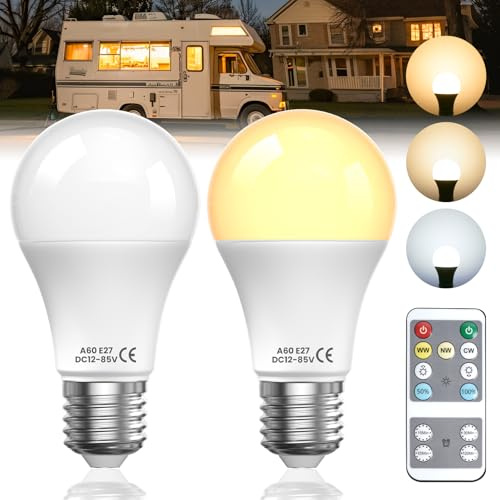 BrightArk DC12V-85V E27 12V LED Glühbirne, 3 Farben (3000K-6000K) Dimmbare E27 8W LED 60W Glühlampenersatz Glühbirne für Sonnensystem, Wohnmobil, Boot, mit Timing, Speicherfunktion (2 Stück)