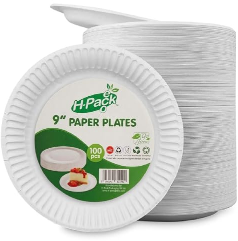 Hot n Fresh H-Pack 100pcs White Paper Plates 9(23cm) Round Heavy Duty Disposable Tableware for Breakfast Lunch Dinner Snacks Dessert Catering Picnic Travel BBQ Birthday Wedding Event Food Serving