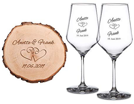 Casa Vivente Set Regalo di Nozze, 2 Calici Vino Bianco e Disco Tronco Albero con Incisione Personalizzata Nomi e Data, Motivo Cuori