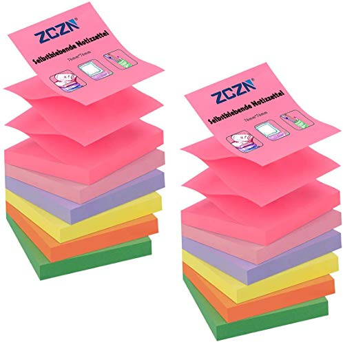 ZCZN Pop-up Sticky Notes 76 x 76 mm, 12 Pads, Vintage Assorted Colours | Concertina Z-Fold Self-Stick Notes, 100 Sheets/Pad, in Orange, Yellow, Pink, Purple, Rose Red, Green