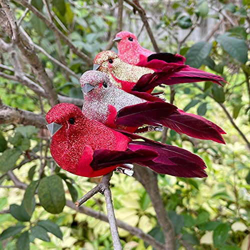 LWINGFLYER 12 Stück rote Glitzer-Vögel künstliche Vögel mit Clips als Verzierung für den Weihnachtsbaum die Hochzeit das Handwerk und die Wohnzimmerdekoration