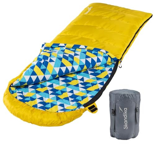 Skandika Deckenschlafsack Dundee Flanell | Baumwolle, Luxus-Qualität, koppelbar, Doppelschlafsack, 3 Jahreszeiten, bis -20°C, 220 x 80 cm/ 220 x 160 cm | Outdoor Camping Schlafsack (Gelb RV Links)