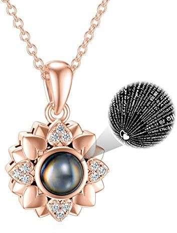 Dorunmo Ich liebe dich Halskette 100 Sprachen 925 Silber Sunflower Anhänger Halskette Projektion Halskette für Damen Schmuck Geschenke Damen Mutter Tochter(Roségold)