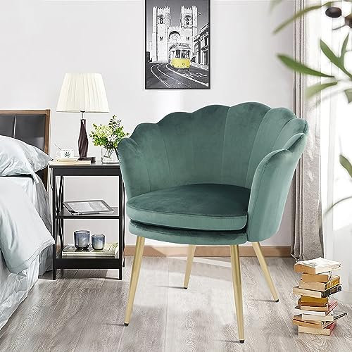 WOLMICS Schminktischstuhl aus Samt Bürostuhl 150KG für zu Hause,Ergonomischer Schreibtischstuhl für Homeoffice,Sessel Schlafzimmer mit Blütenblätter Rückenlehne Polster für Schlafzimmer Grün+Gold