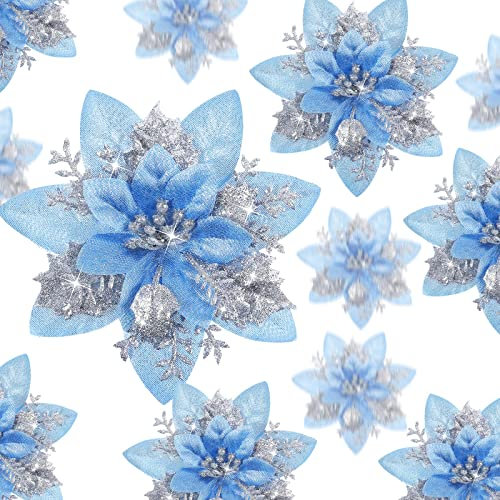 Geosar 36 Flores de Nochebuena Artificiales con Purpurina para Navidad Decoraciones de Flores de Boda Adornos de Árbol de Navidad con Clips, 6 Pulgadas, 4 Pulgadas, 3 Pulgadas (Plata y Azul)